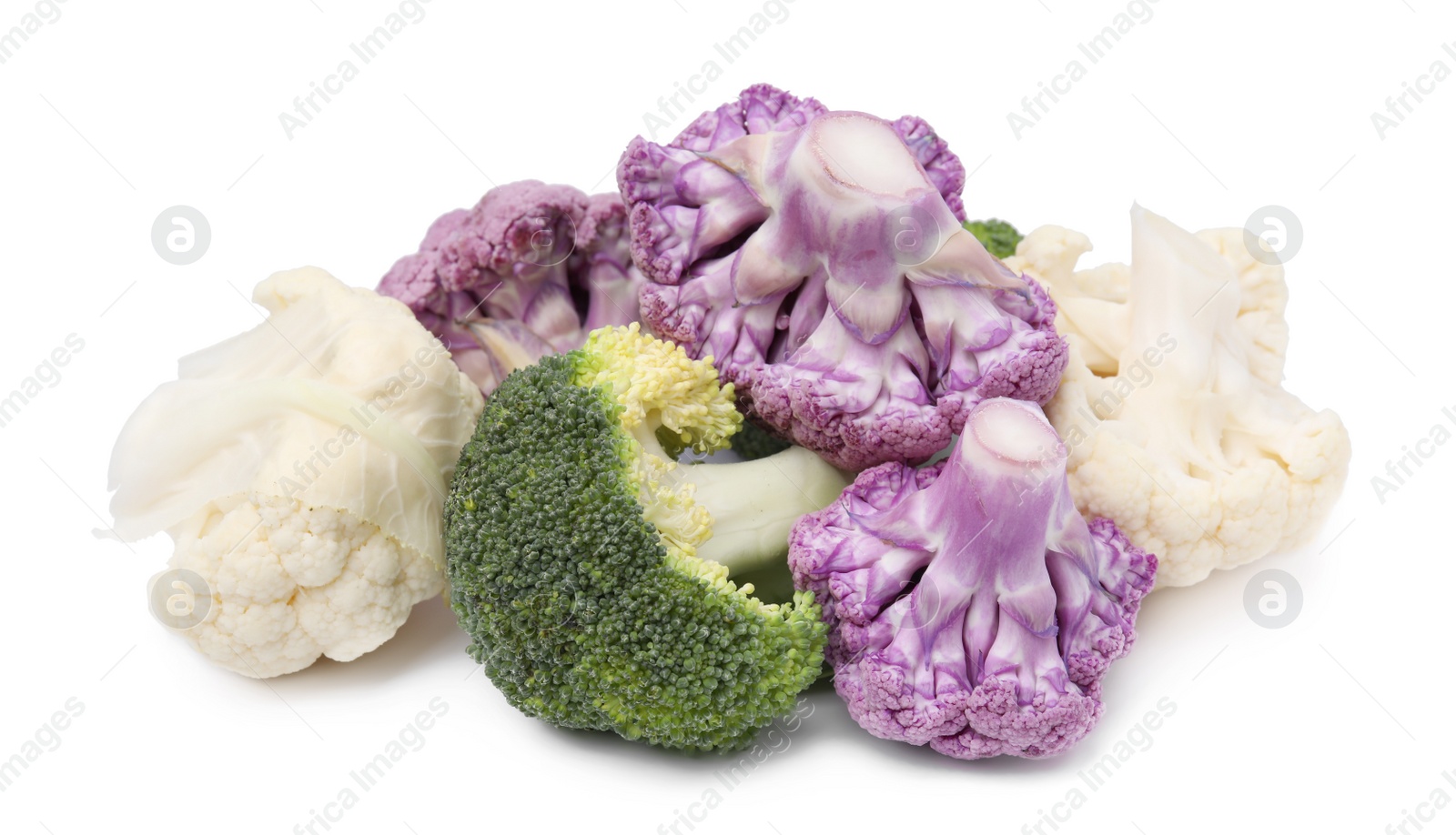 Photo of Heap of various cauliflower cabbages on white background