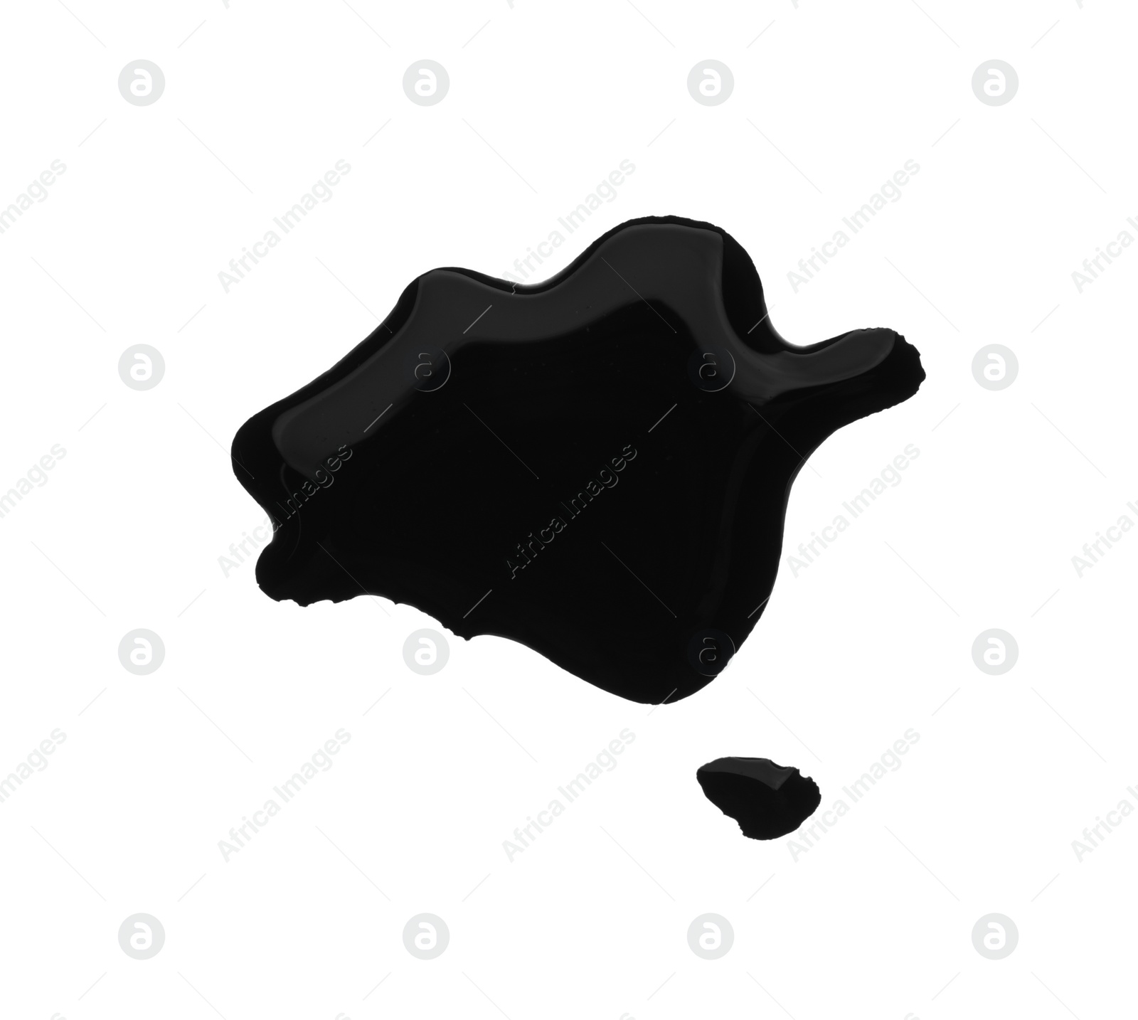 Photo of Blots of black liquid on white background, top view