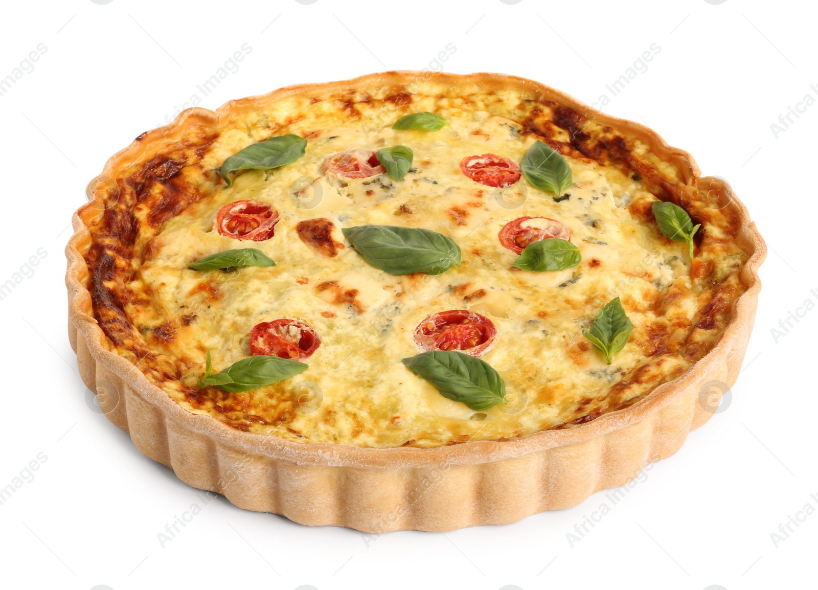 Photo of Delicious quiche with cheese, tomatoes and basil isolated on white