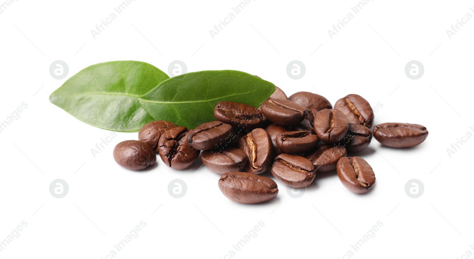 Photo of Roasted coffee beans and leaves isolated on white