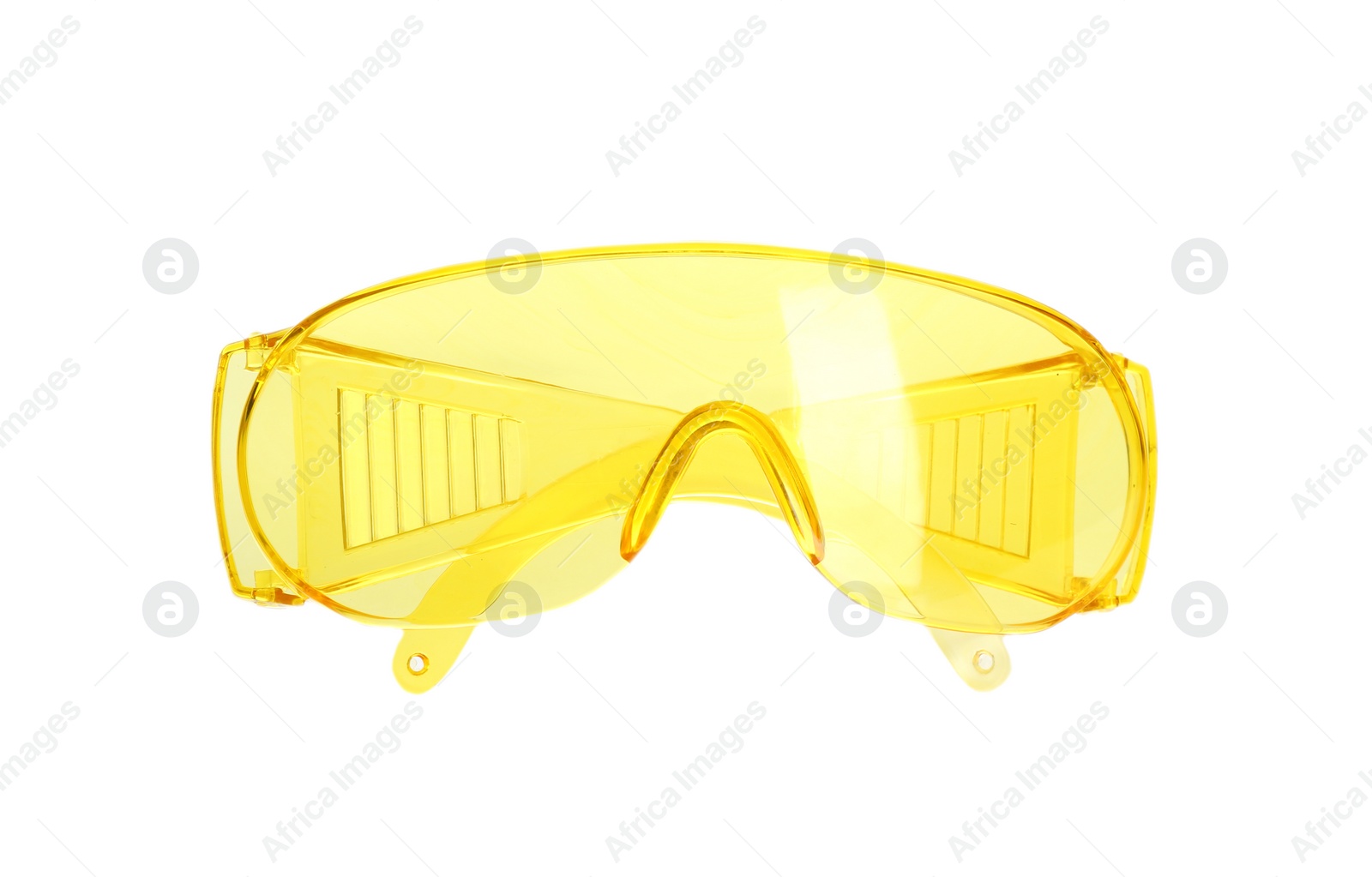 Photo of Protective goggles on white background. Safety equipment