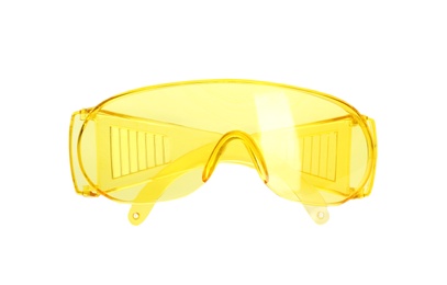 Photo of Protective goggles on white background. Safety equipment