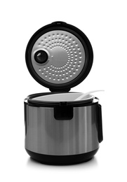 Photo of Modern electric multi cooker with spoon on white background