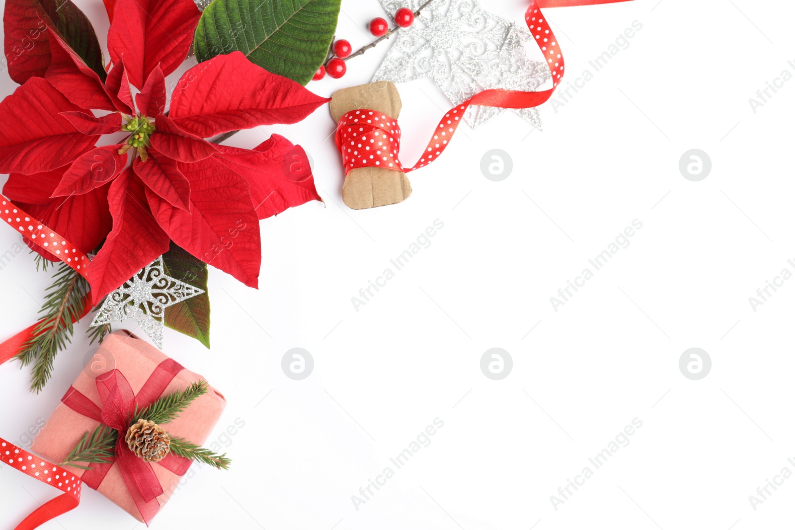 Photo of Flat lay composition with beautiful poinsettia and gift on white background, space for text. Christmas traditional flower