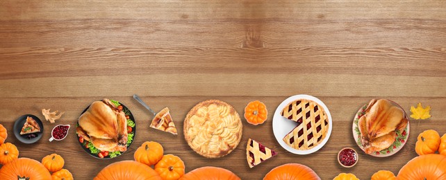Image of Flat lay composition with different tasty pies on wooden table. Banner design