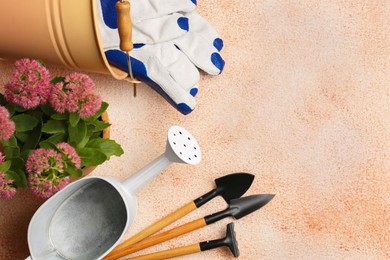 Photo of Flat lay composition with watering can and gardening tools on color textured background. Space for text