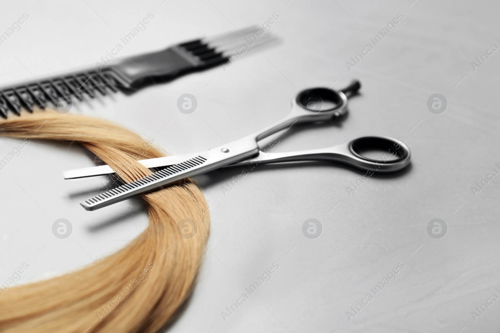 Photo of Professional hairdresser scissors, comb and strand of blonde hair on grey background