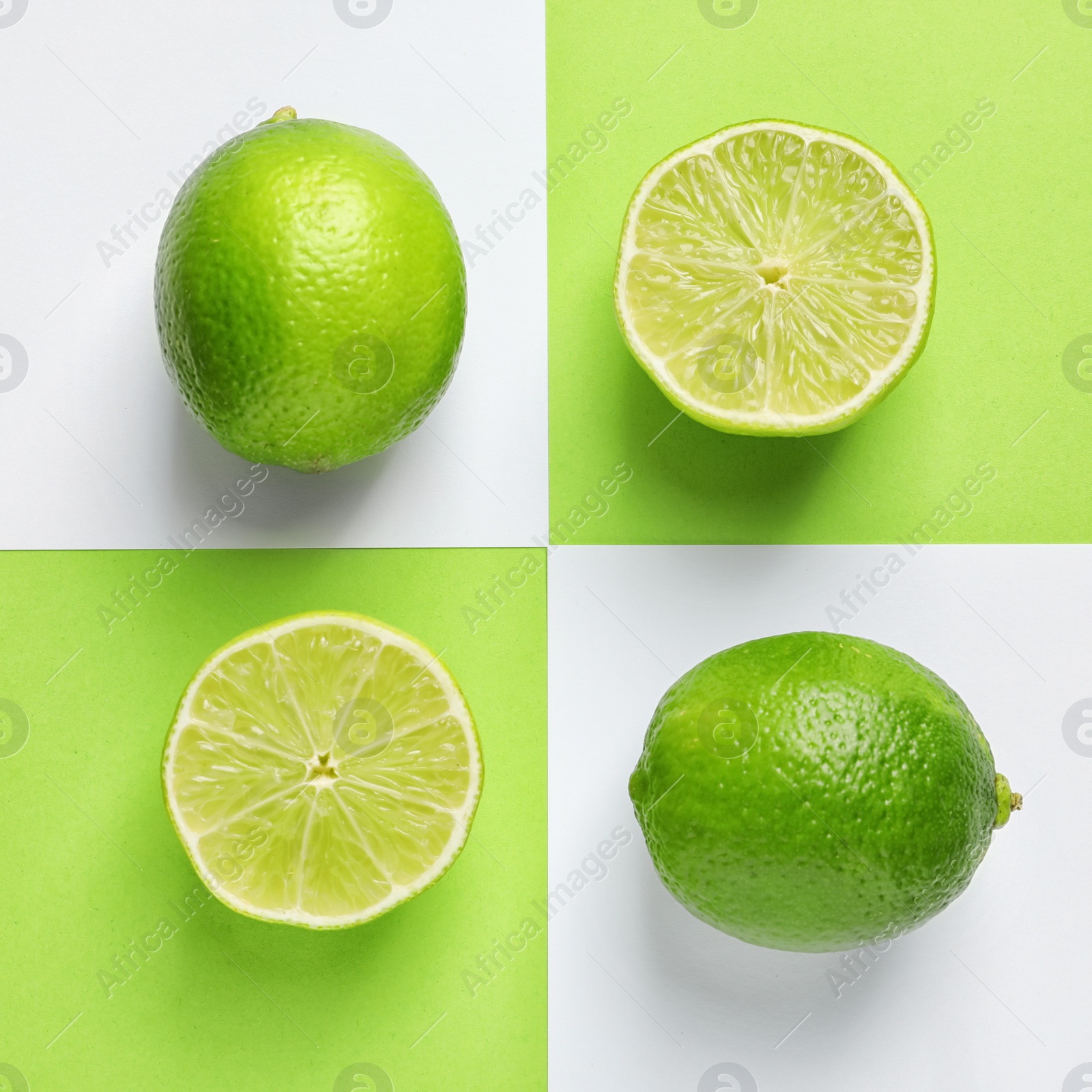 Photo of Flat lay composition with fresh limes on color background