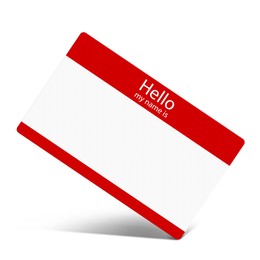 Card with text Hello my name is on white background, illustration. Mockup for design 
