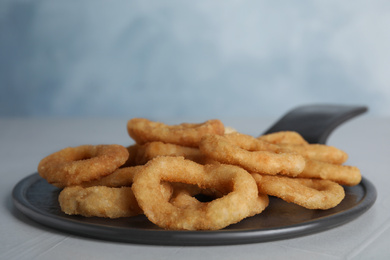 Photo of Slate plate with fried onion rings on grey table