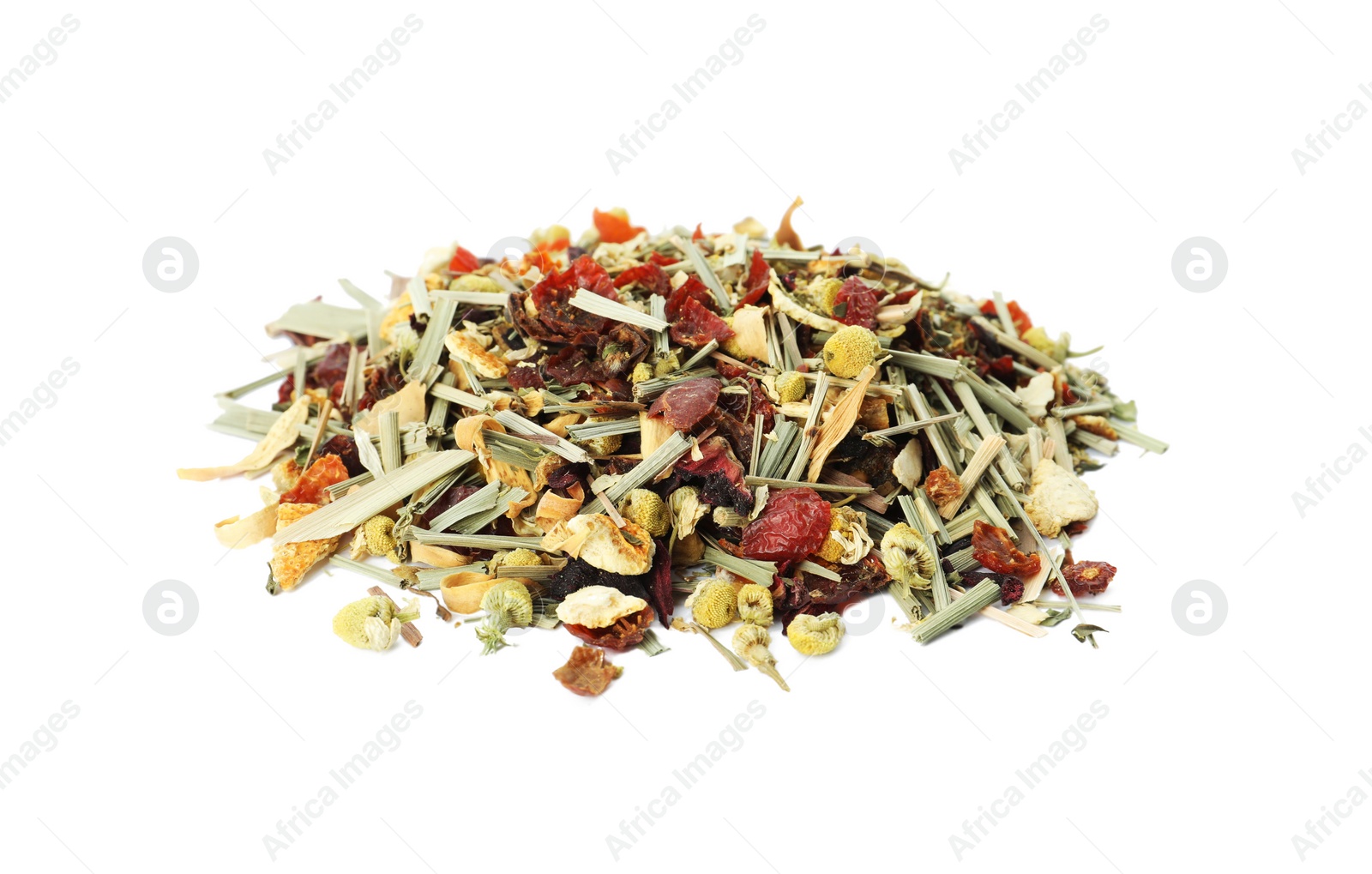 Photo of Pile of aromatic herbal tea isolated on white