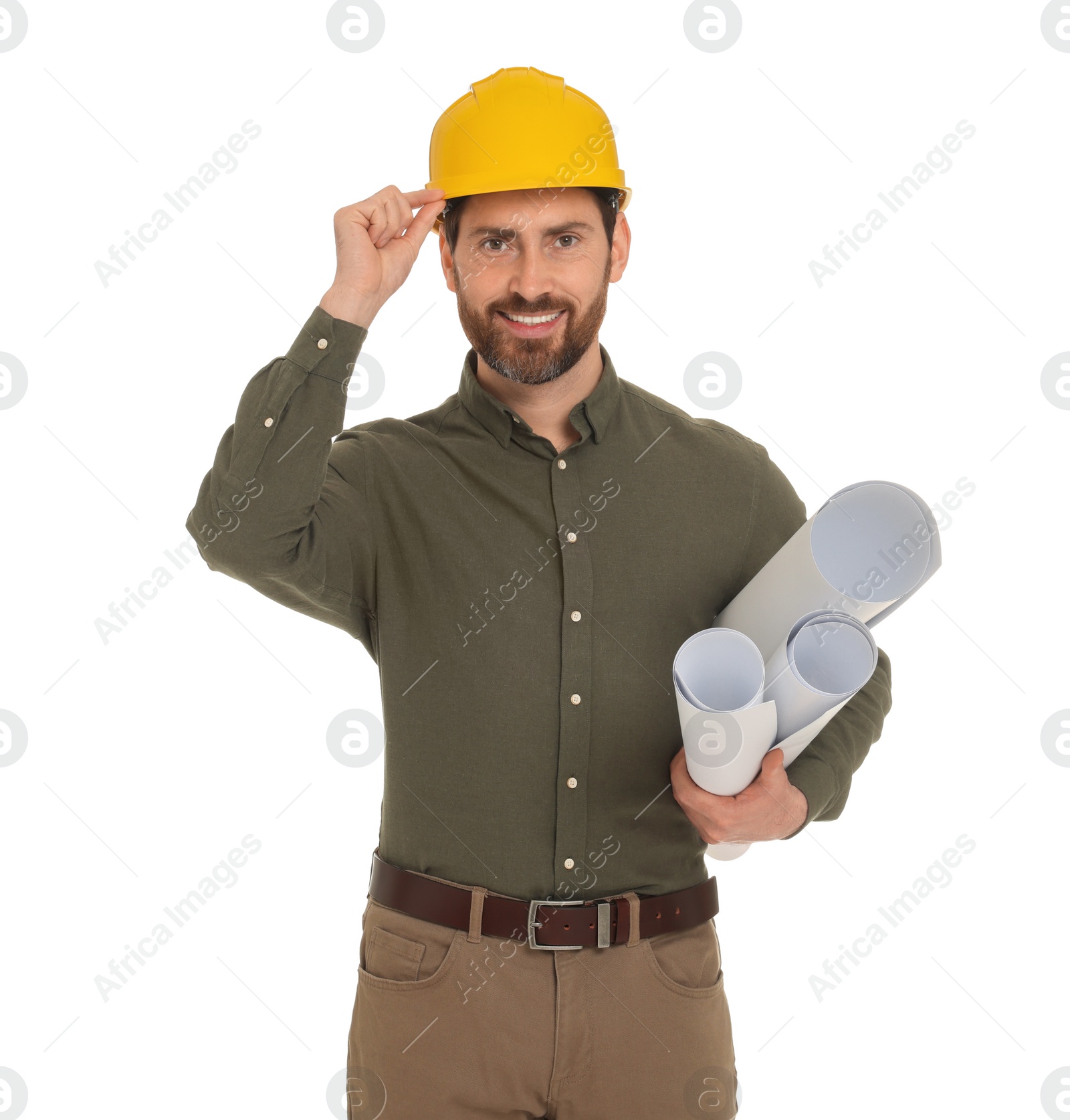 Photo of Architect in hard hat with drafts on white background