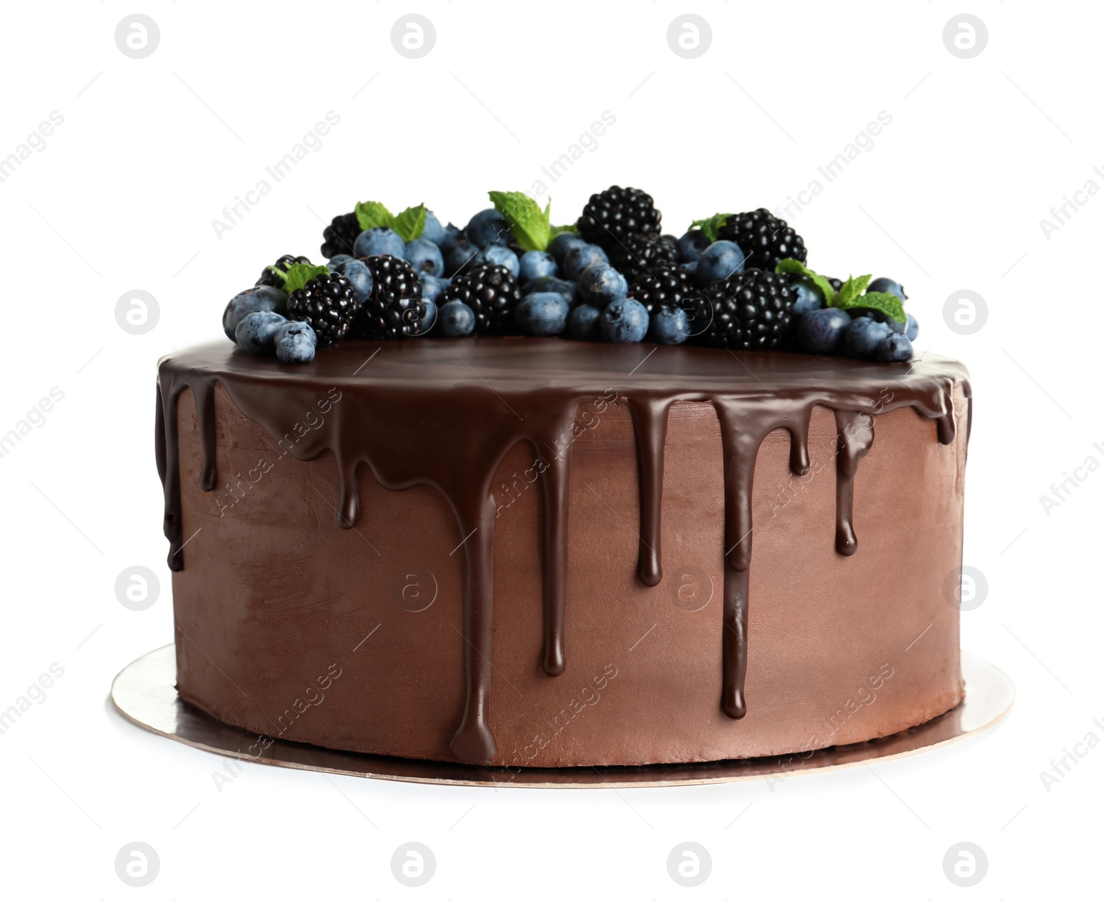 Photo of Fresh delicious homemade chocolate cake with berries on white background