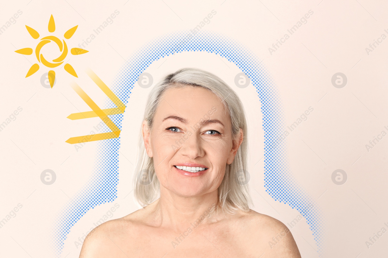 Image of Illustration of sun protection layer and beautiful mature woman with healthy skin on beige background