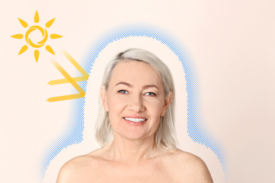 Image of Illustration of sun protection layer and beautiful mature woman with healthy skin on beige background