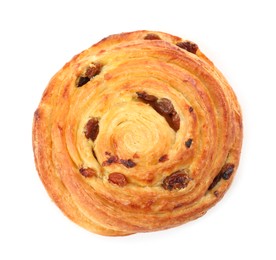Photo of Freshly baked spiral pastry with raisins isolated on white, top view