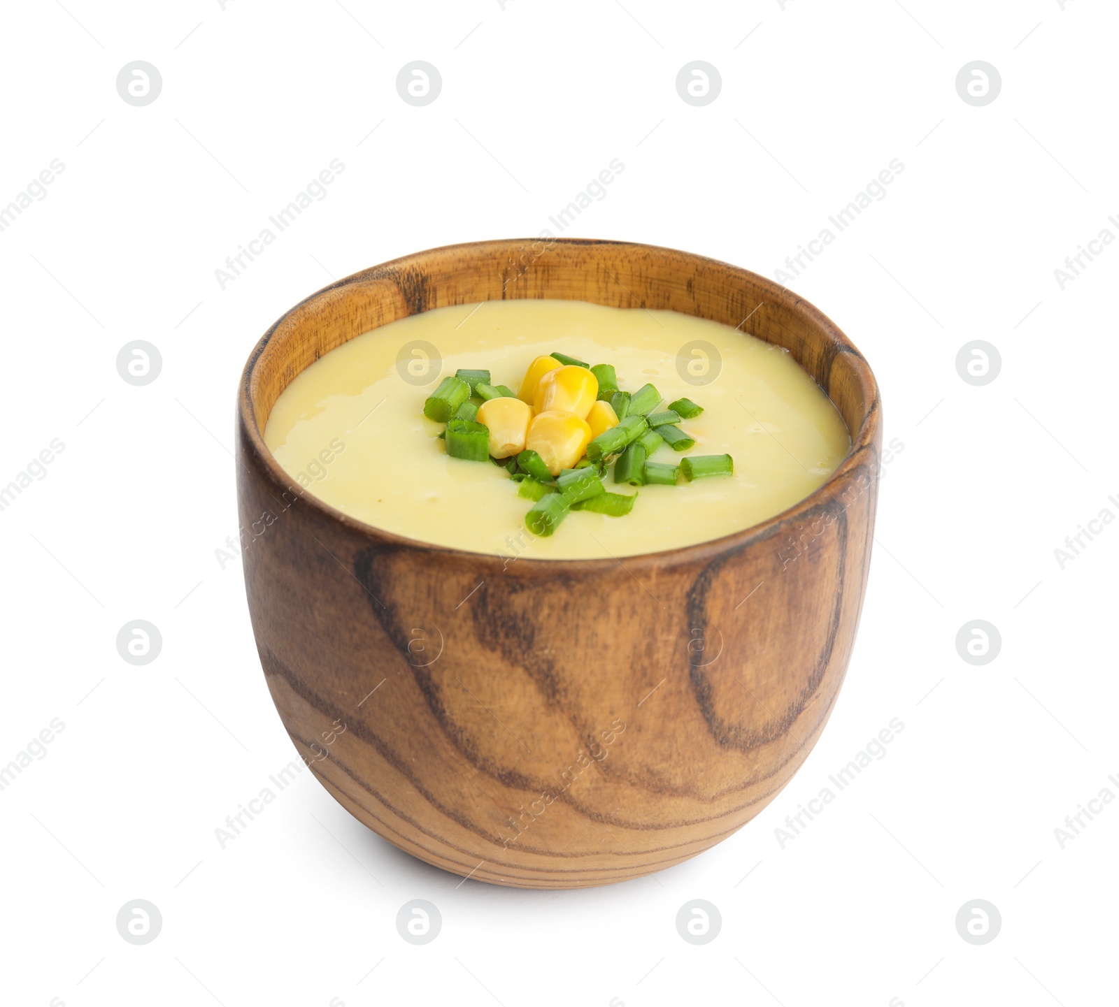 Photo of Delicious corn cream soup isolated on white