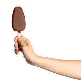 Woman holding ice cream glazed in chocolate on white background, closeup