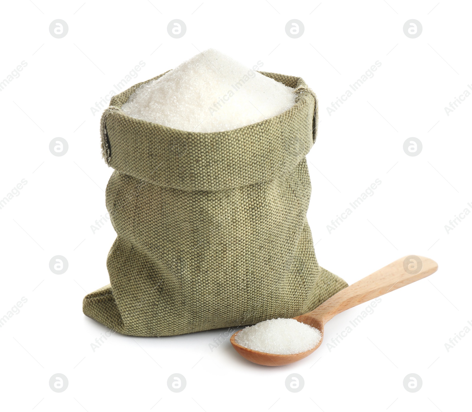 Photo of Sack and spoon with granulated sugar isolated on white