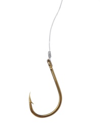 Photo of Fishing hook on white background. Angling equipment