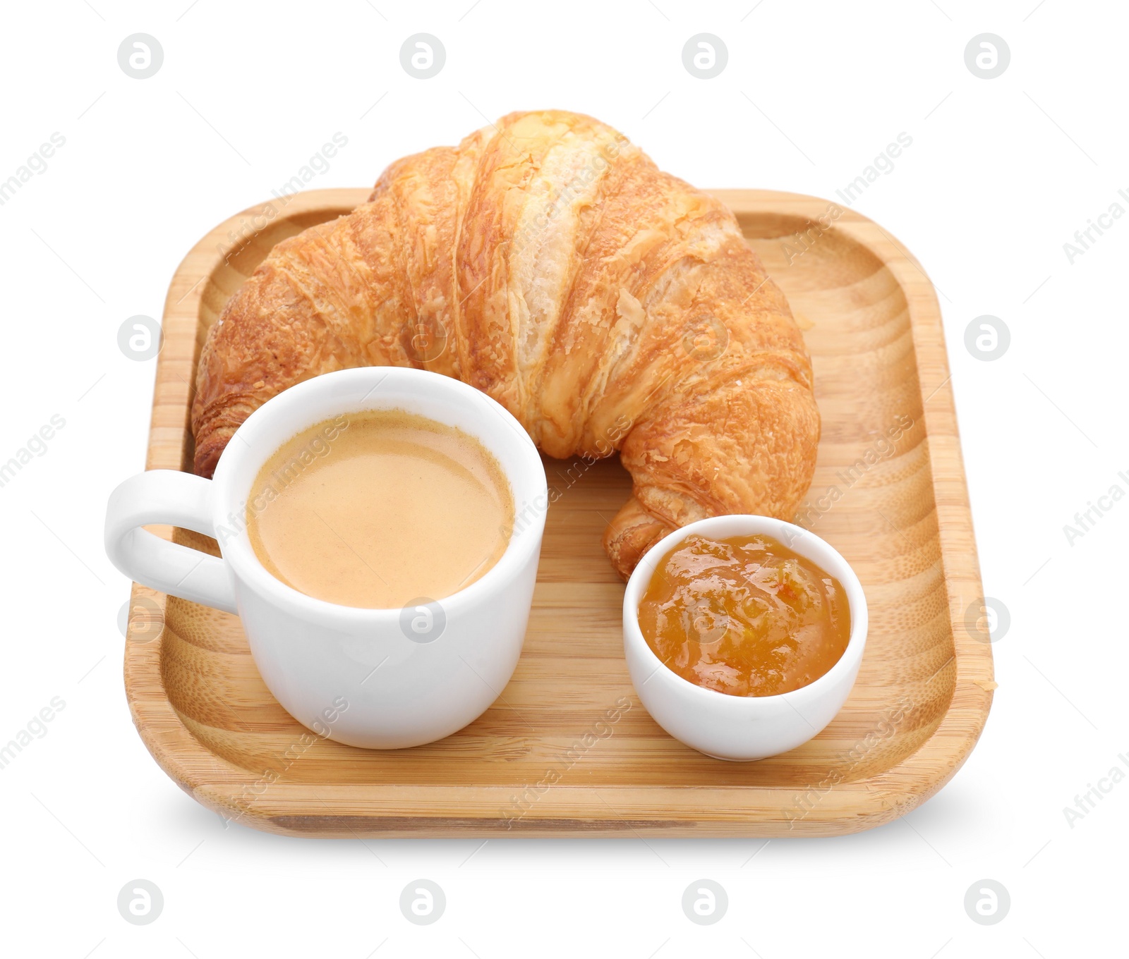 Photo of Fresh croissant, jam and coffee isolated on white. Tasty breakfast