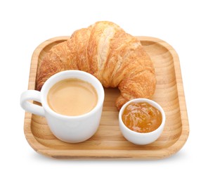Photo of Fresh croissant, jam and coffee isolated on white. Tasty breakfast
