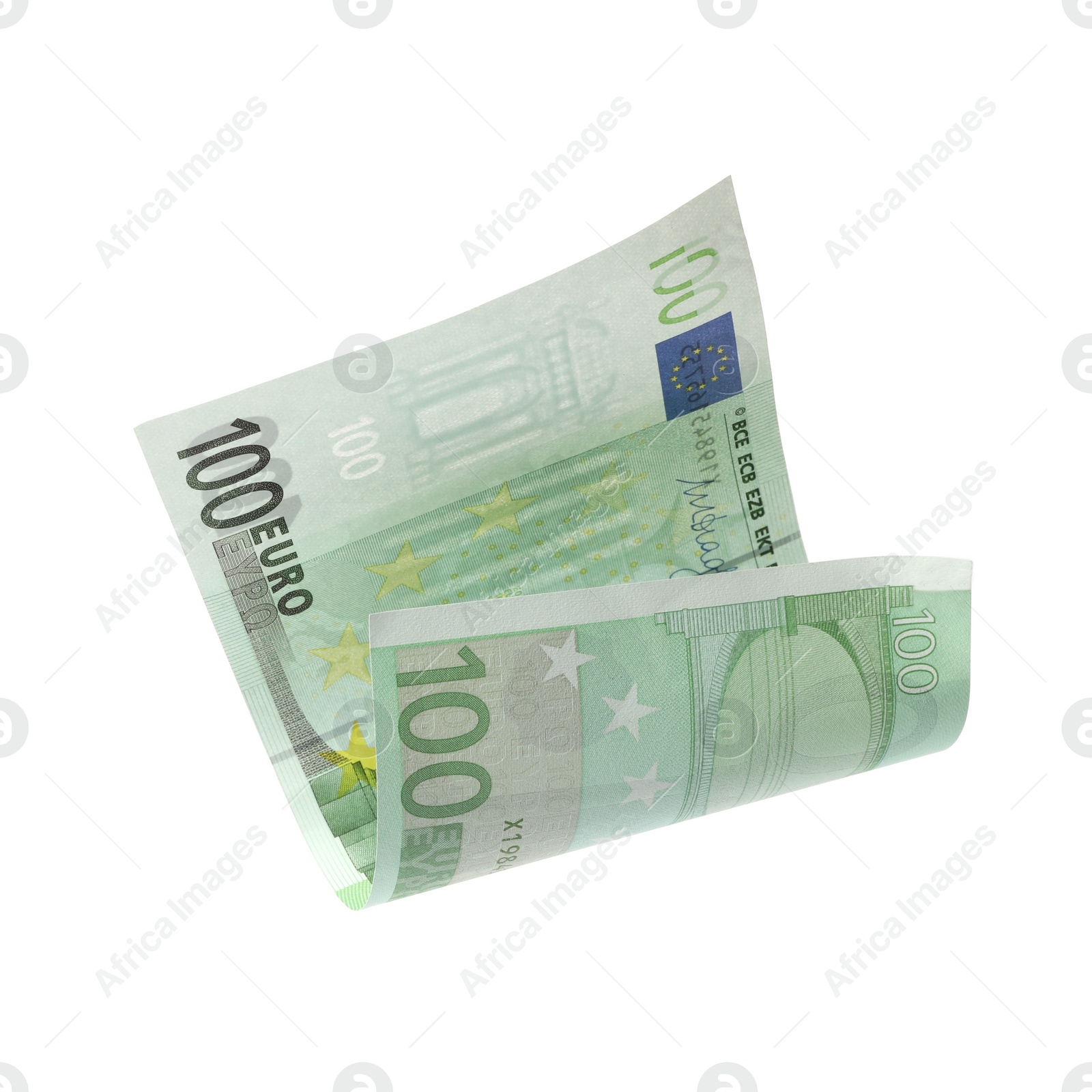 Photo of Flying one hundred Euro banknote isolated on white