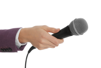 Photo of Professional journalist with microphone on white background, closeup