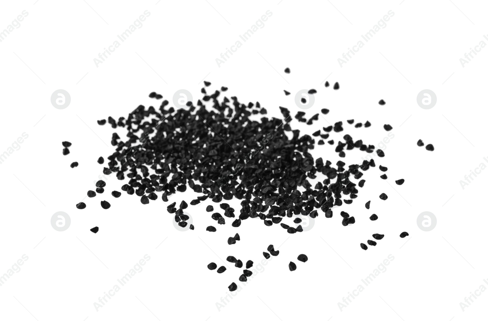 Photo of Pile of raw onion seeds on white background. Vegetable planting