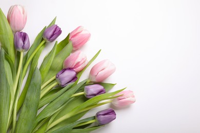 Photo of Beautiful tulips on light background, flat lay. Space for text