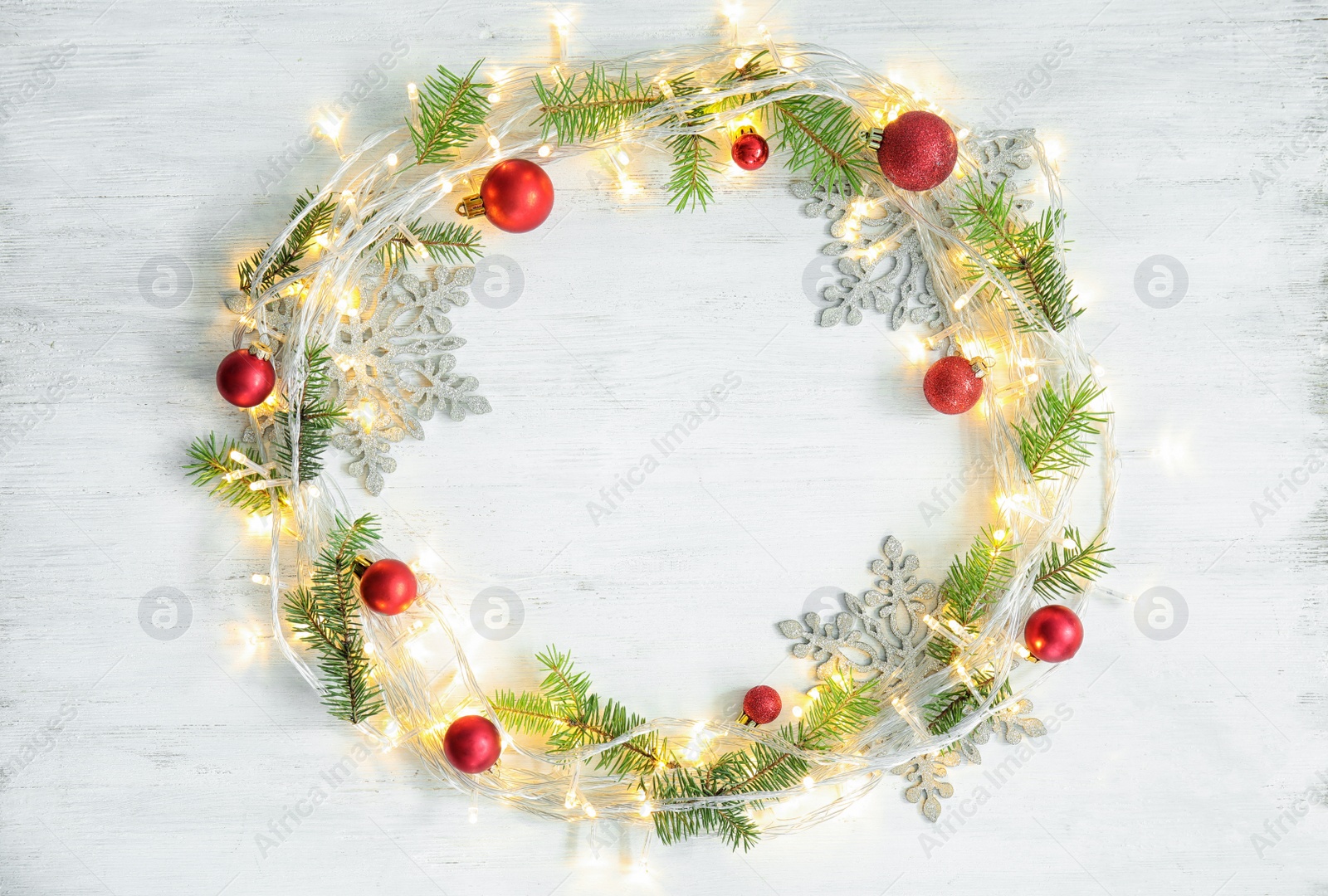 Photo of Flat lay composition with Christmas decoration on wooden background