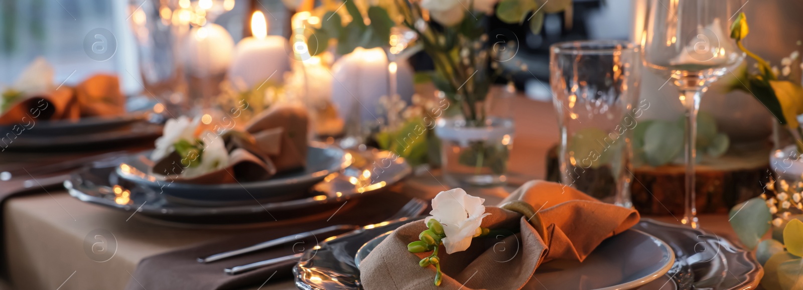 Image of Elegant table setting with beautiful floral decor. Banner design