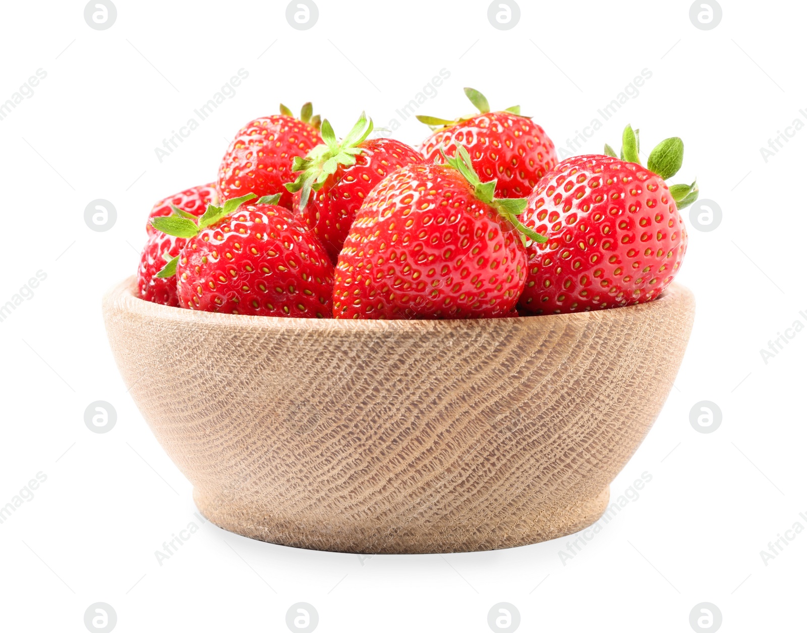 Photo of Fresh red strawberries in wooden bowl isolated on white