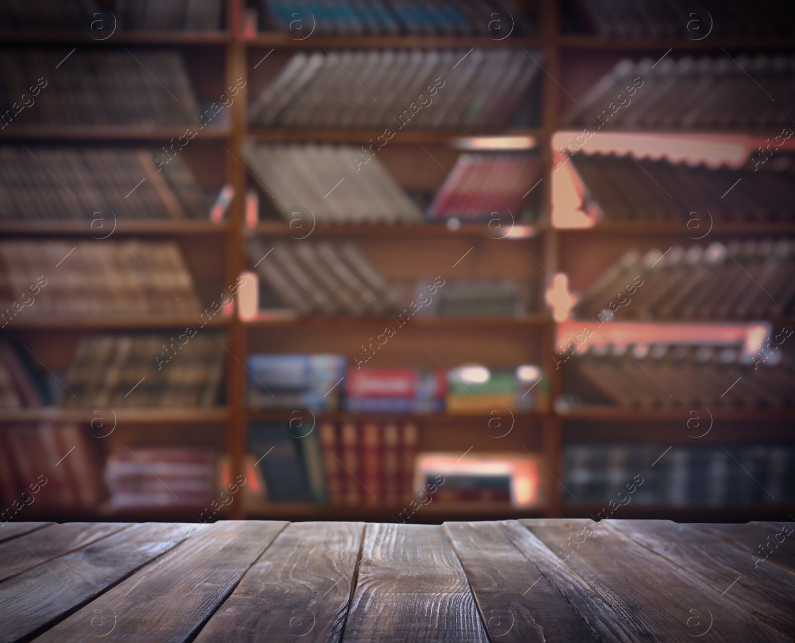 Image of Empty wooden table in library. Space for design 