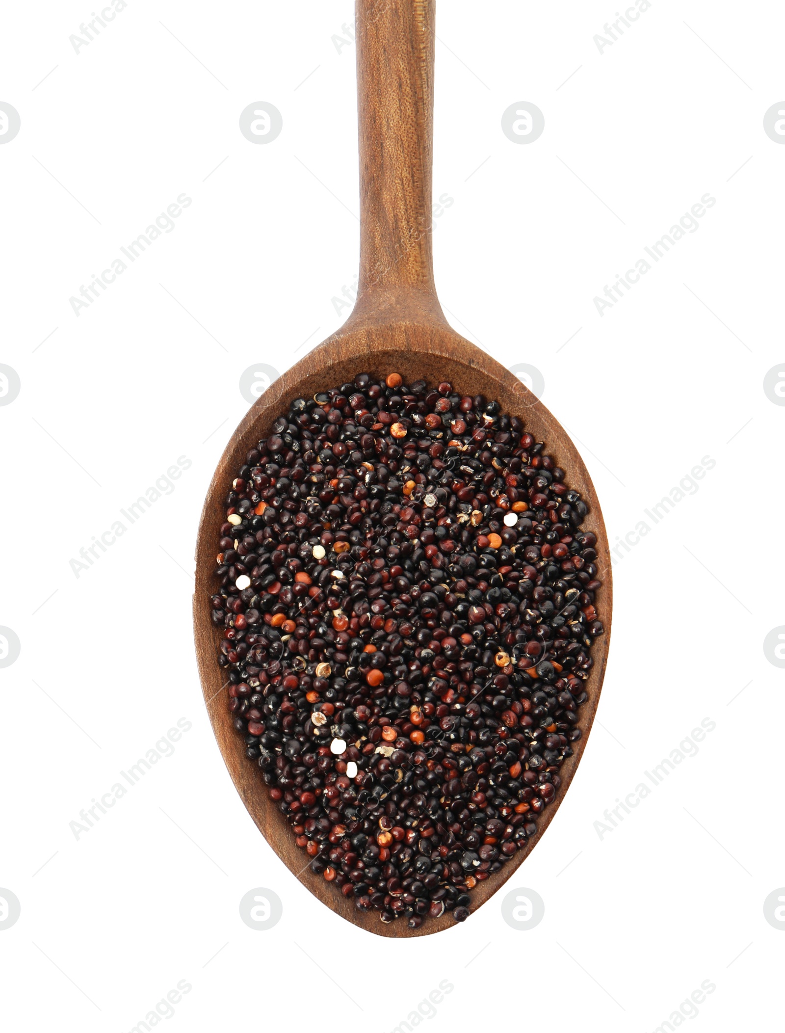 Photo of Spoon with black quinoa on white background, top view. Space for text