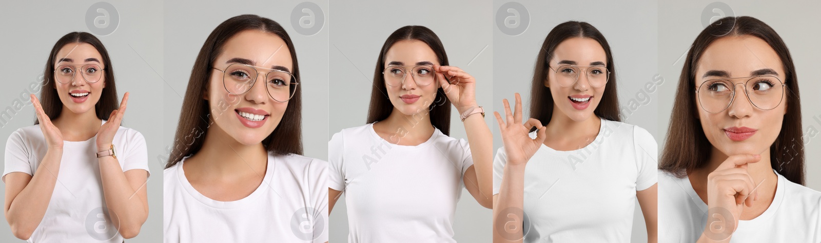 Image of Woman in glasses on light grey background, collection of photos