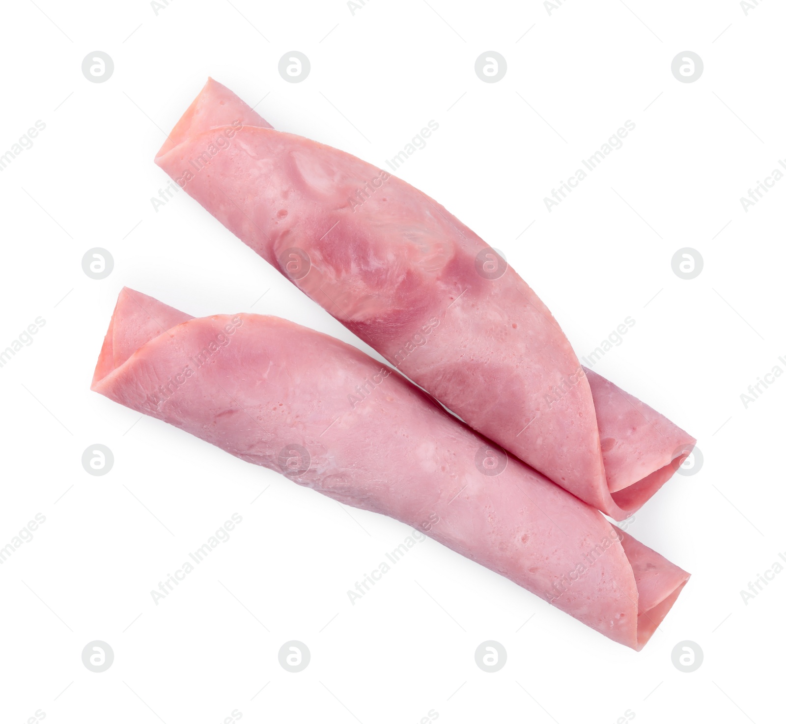 Photo of Rolled slices of tasty ham isolated on white, top view