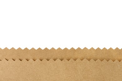 Photo of Kraft paper bag on white background, closeup