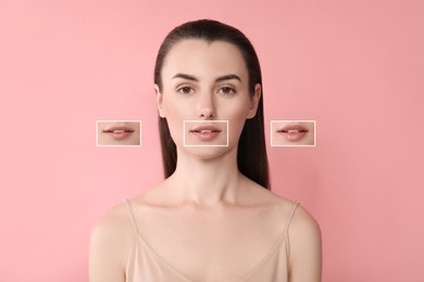 Attractive woman with beautiful lips on pink background. Zoomed areas showing difference in lip fullness due to cosmetic procedure