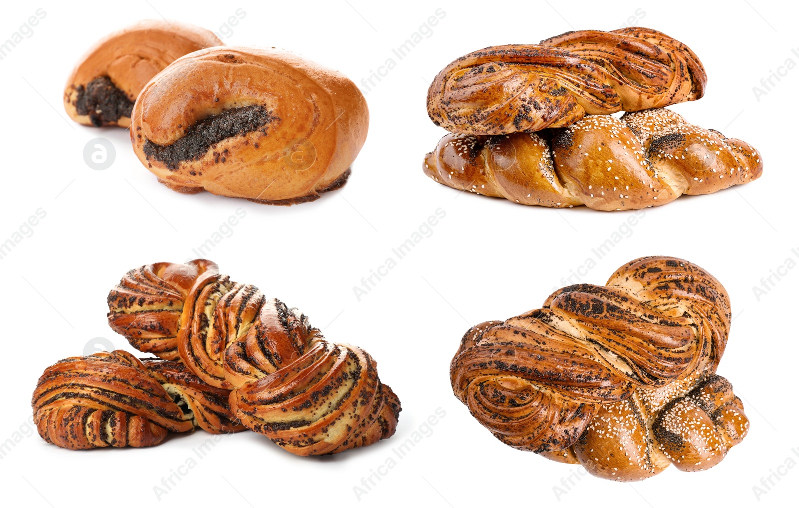 Image of Set of different pastries with poppy seeds on white background 