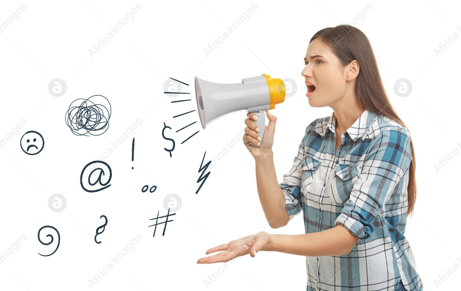 Image of Complaint. Young woman with megaphone and illustrations on white background
