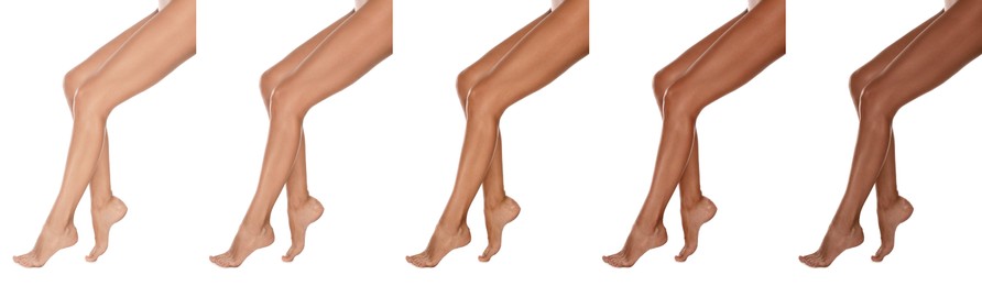 Woman with beautiful legs on white background, closeup. Collage of photos showing stages of suntanning