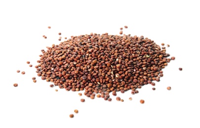 Pile of red quinoa on white background