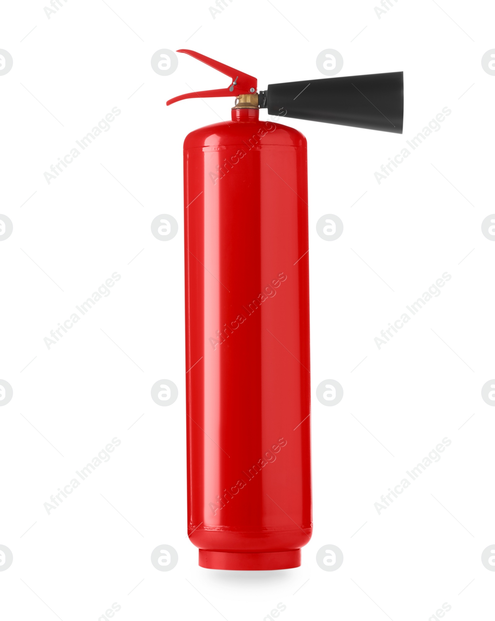 Photo of One red fire extinguisher on white background