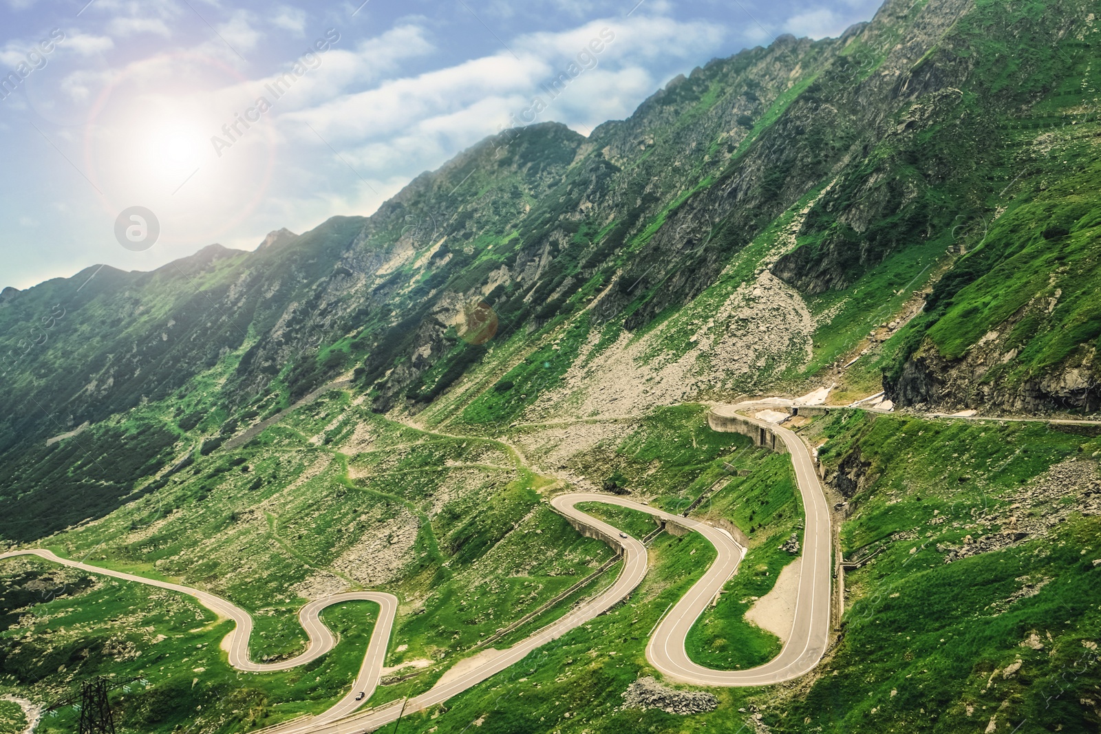 Image of Road trip. Picturesque landscape with mountains on sunny day 