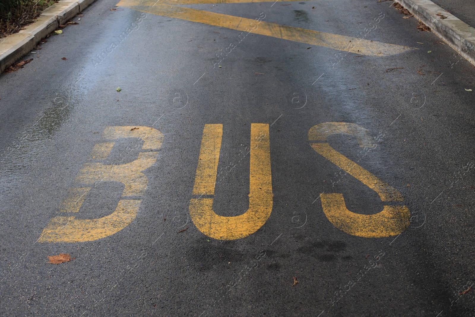 Photo of Empty bus stop pad on asphalt road