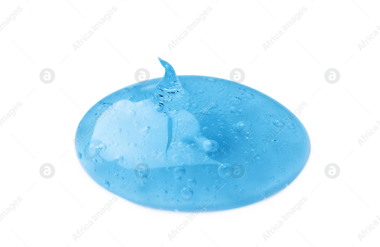Photo of Sample of light blue cosmetic gel on white background