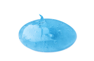 Photo of Sample of light blue cosmetic gel on white background
