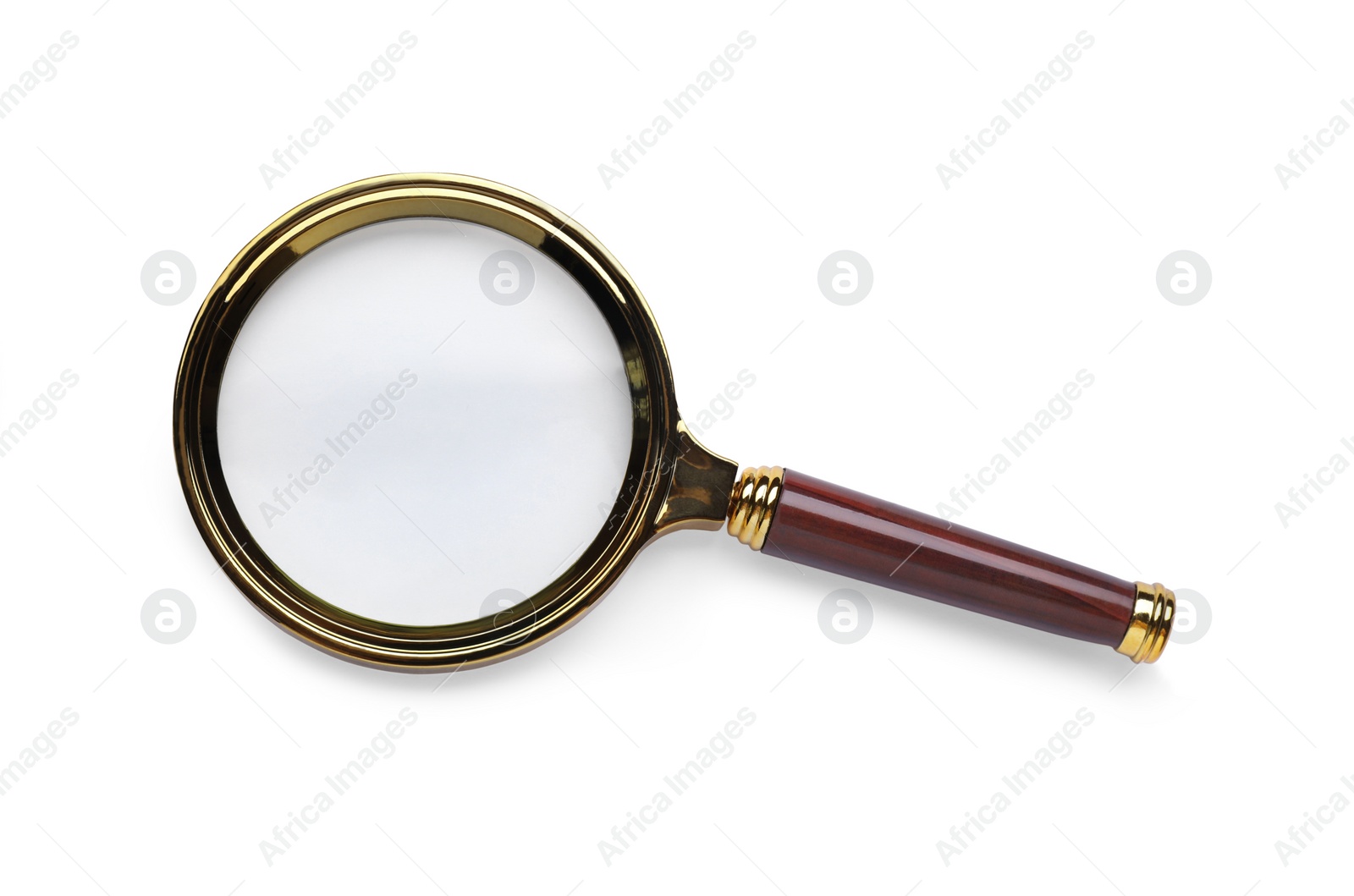 Photo of Magnifying glass with handle isolated on white, top view