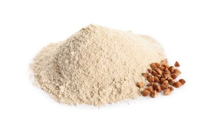Photo of Pile of buckwheat flour isolated on white